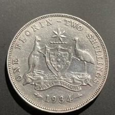 1934 Australia 1 Florin / 2 Shillings .925 Silver Coin King George V