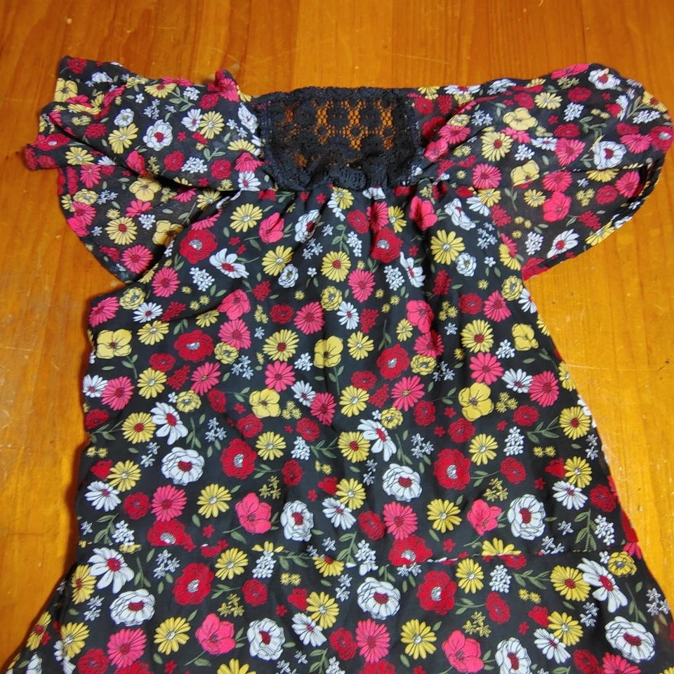 Wonder Nation Girls Floral Dress Black Red Yellow Lace Trim Size XL (14-16) - Image 4 of 4