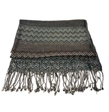 Missoni Style Scarf/Shaw Women's Blue Brown Chevron Blend Fringe Large 76 x 28