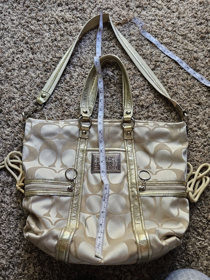 Coach Poppy Gold and Cream Logo Pattern Tote Shoulder Bag - Image 3 of 4