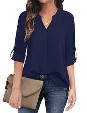 Women's Navy Blue Blouse 3/4 Sleeve V Neck Tunic Tops Business Small