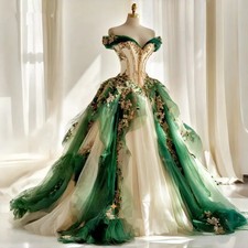 Green White Gold Floral Off Shoulder Ball Gown Tulle Formal Evening Dress Custom