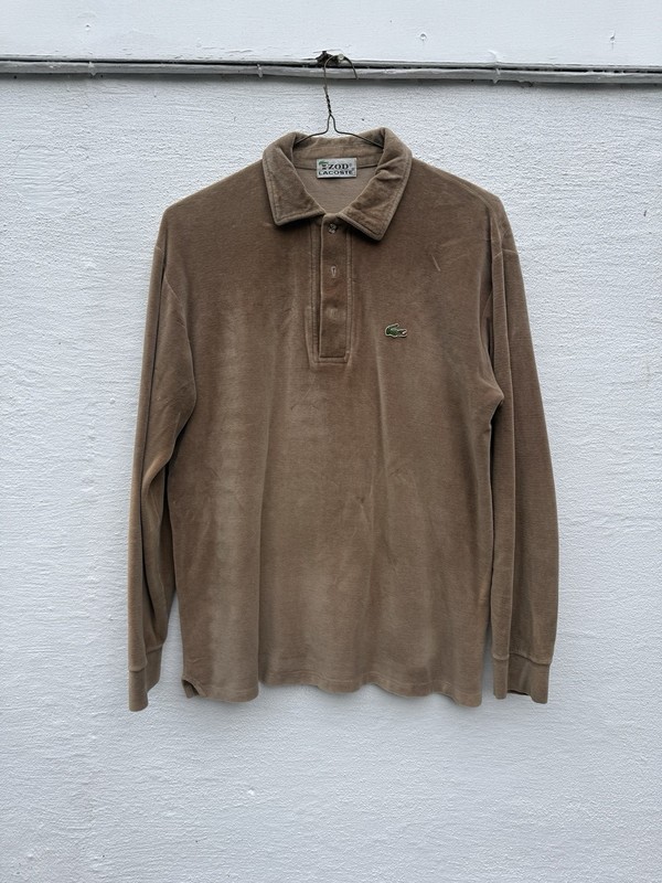 Vintage IZOD Lacoste Velour Polo Shirt Mens Large Tan Long Sleeve Preppy