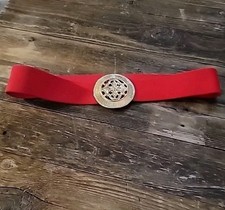 Vintage 80 s 90s Belt Gold Medallion Buckle Red Elastic Stretchy Waist Band M/L