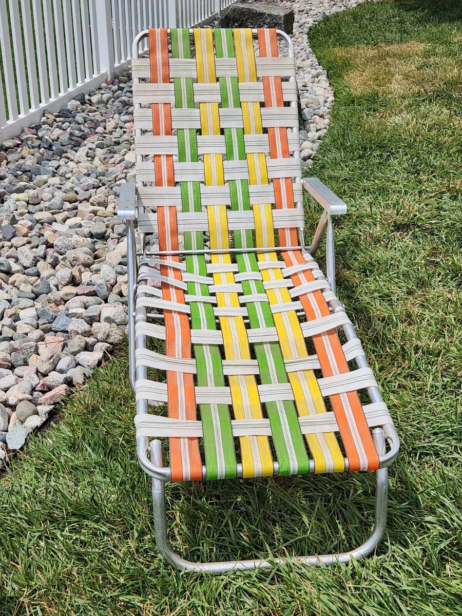 Vintage Orange Yellow Green Folding Aluminum Chaise Lounge Webbed