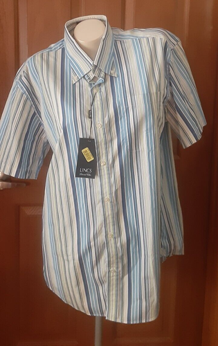 Lincs by David Chu Men's Short Sleeve Shirt Blue and White Stripes Size L NWT