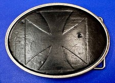 Celtic Crusader Knights Iron Cross Vintage Leather on Metal Oval Belt Buckle