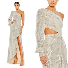 Ieena Mac Duggal $398 Size 8 Sequin One Shoulder Cut Out 26730 Silver Dress