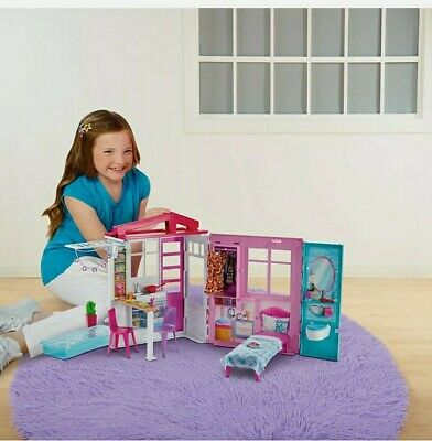 Barbie Portable 1-Story Toy Play Set Dollhouse with Doll, Pool, & Furniture