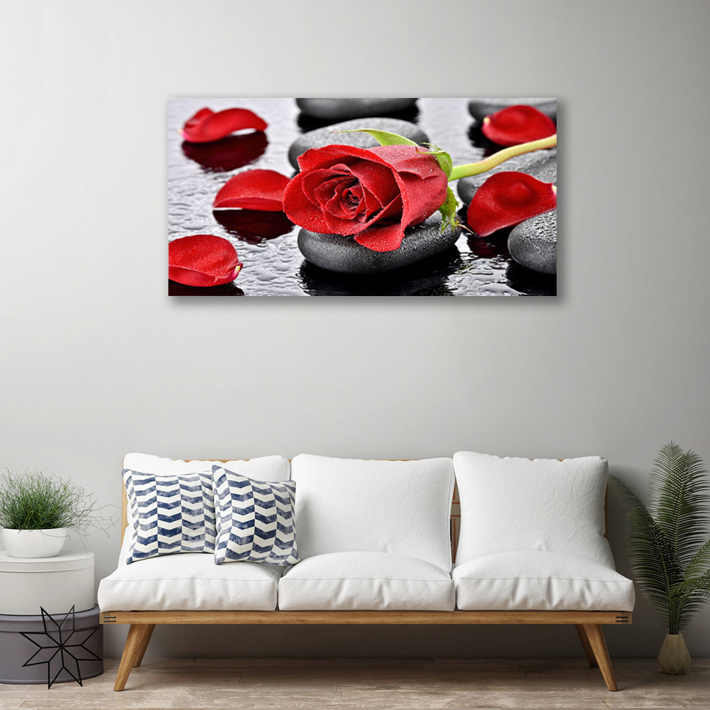Tableau sur toile floral 100x50 cm Rose et Pierres pour décoration murale