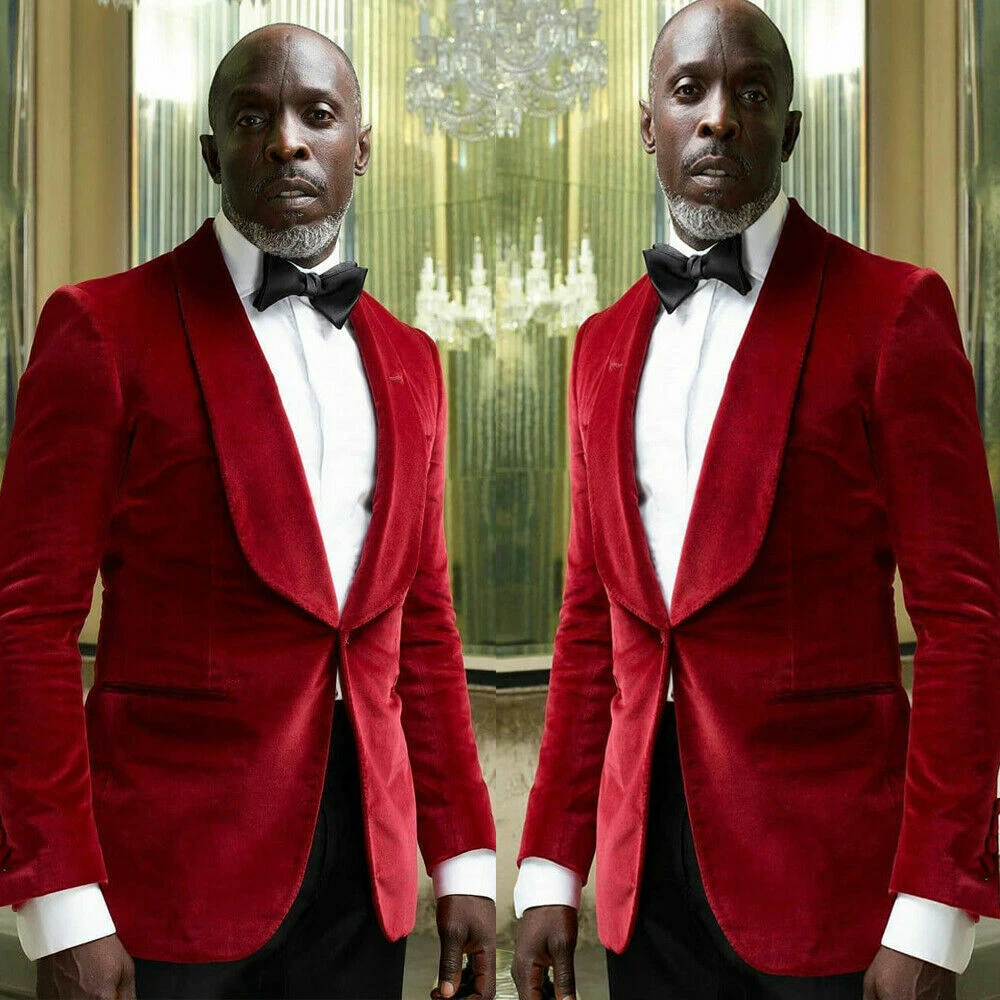 Red Velvet Men's Suits Shawl Lapel Wedding Tuxedos Groom Prom Blazers  Tailored