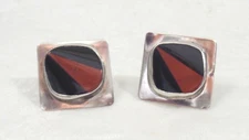 VTG Sterling Silver Earrings Signed Howison 92 Onyx & Agate Inlay Studio Made 