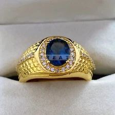 Blue Sapphire Oval Cut With 925 Sterling Silver Gold Plated Ring For Men #212 *