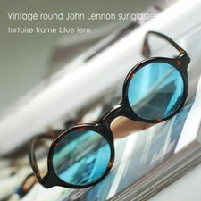 Round johnny depp blue sunglasses men's tortoise acetate frame blue tinted lens
