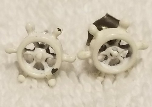 Vintage Earrings White Nautical Ship Wheel Boat Steering Wheel Helm Pierced Ears