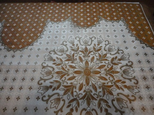 Fabric Rare Fiberglass Curtain Drapery 1960's Gold Print 74" wide x 106" long - Picture 8 of 10