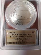  2020-P JUSTIN KUNZ SIGNED Basketball HOF Comm. Dollar PCGS PF70 FDOI SILVER