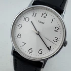 Vintage Timex Quartz Watch Men Silver White Leather Easy Read Analog New Battery