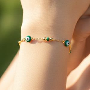Authentic Elegant Boho Green Evil Eye 18K Gold Plated Brass Bracelet | Handmade Minimalist