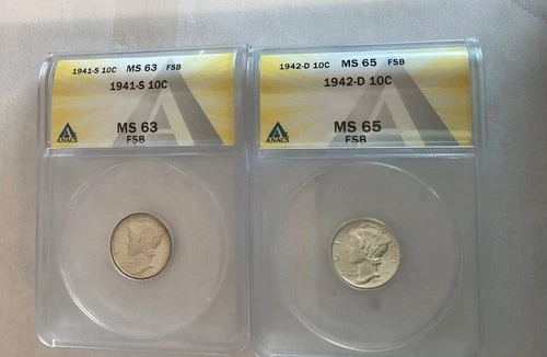 1-day lot (4) mercury dimes anacs 1942 d ms65 fsb ngc pittman 1938 s