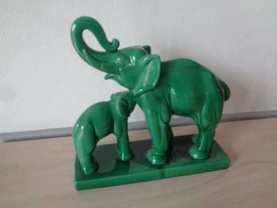 SCULPTURE ELEPHANT ET SON PETIT CERAMIQUE SAINT CLEMENT SIGNE CHARLES LEMANCEAU - Photo 1/4