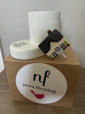 Nora Fleming Pinstripes Ceramic Cutie Container With Home Sweet Home House Mini