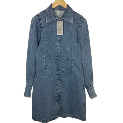 ICHI Denim Pearl Snap Puff Sleeve Dress Size 34 Small Western Country Festival