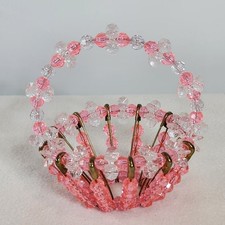 1970's Pink White BEADED SAFETY PIN Flower BASKET Kitschy Folk Art Handcrafted