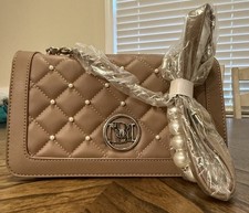 Badgley Mischka Vegan Leather Crossbody, Pearl Studded, Taupe, Chain Strap, NWT