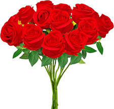 Red Artificial Roses with Long Stems - 12 Realistic Faux Flowers for Decor
