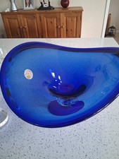 Large Glass Wave Cobolt Blue Murano Bowl White Crystal Immaculate  32cm X 35cm 