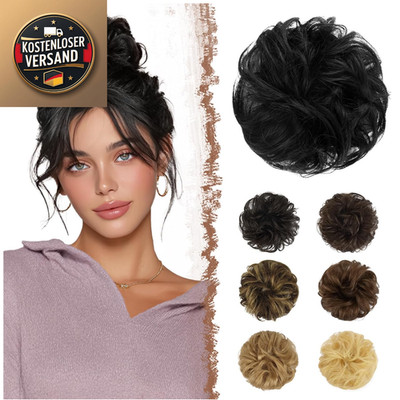 FESHFEN Echthaar Haarteil Dutt Gummiband Schwarz Wellig Bun Extensions