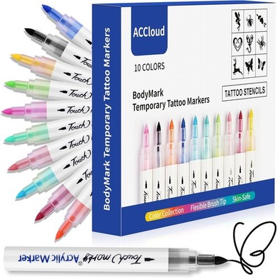 Temporary Tattoo Markers for Skin Drawing Pens, 10 Body L, 10 Colors-C 