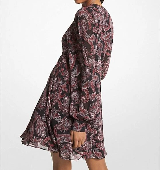 MICHAEL KORS Paisley Georgette Vestito Manica Lunga $225 Taglia 8 Bambola Corta NUOVO