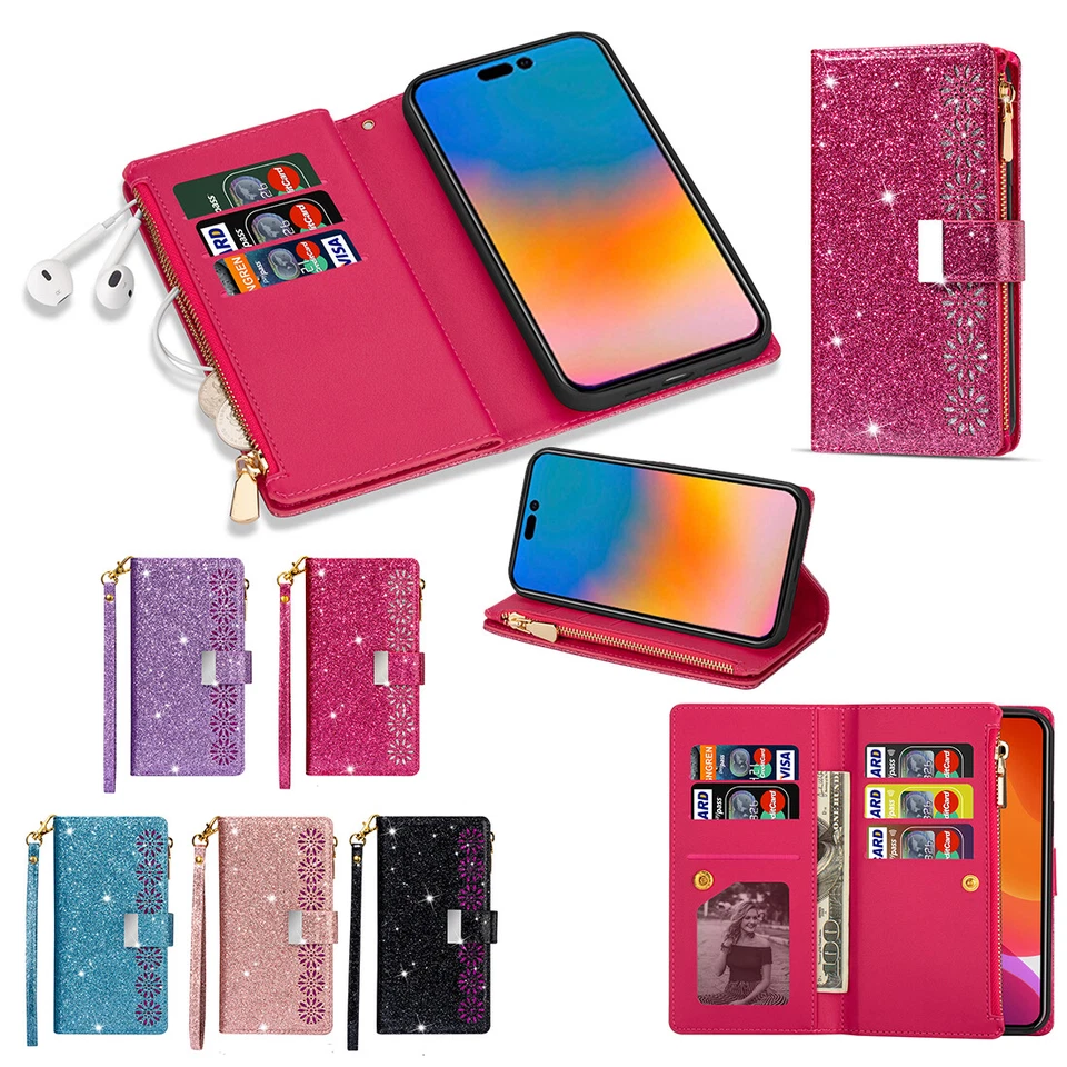 For Samsung S25 Ultra S24 FE S23 Plus Zip Wallet Case Glitter Leather Flip Cover - Image 2 of 4