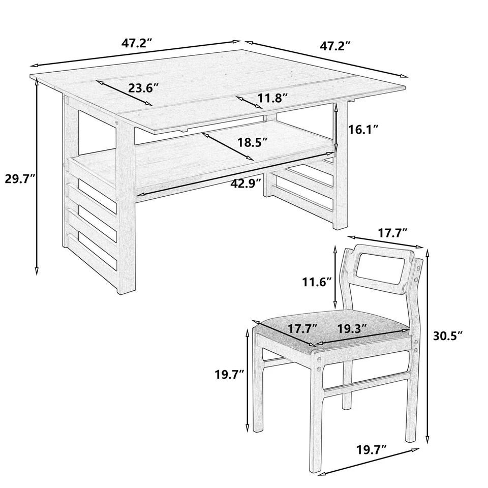 5Pieces 47.2"Extendable Square Dining Table Set Two Drop Leaves 4 Chairs Natural - Image 3 of 4