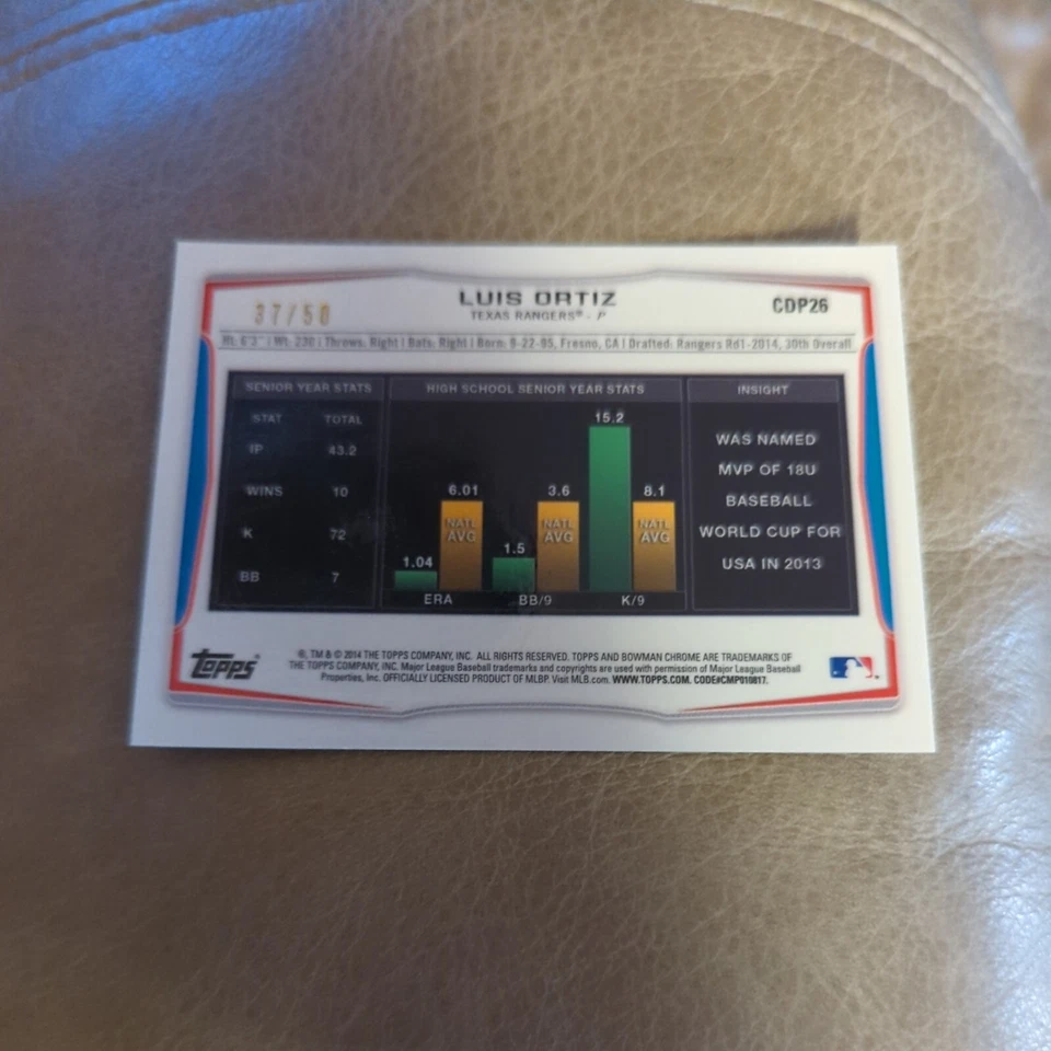 2014 Bowman Draft Chrome Gold Refractors /50 Luis Ortiz #CDP26 - Image 2 of 3