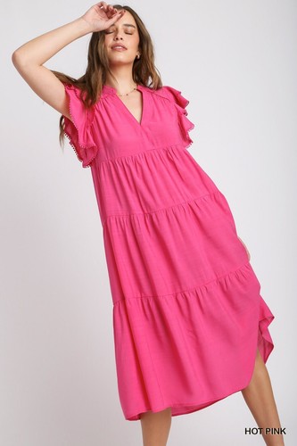 Umgee Hot Pink Split Neck A-Line Tiered Midi Dress Short Ruffle Sleeves w/ Trim