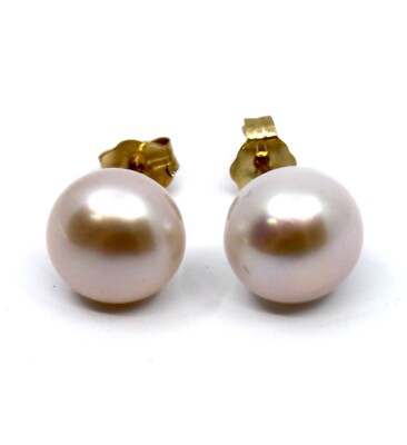 Hellrosa/rosefarbene Perlen Ohrstecker 8 mm in 14 Karat massiv Gelbgold