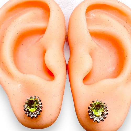 14k Yellow Gold Halo Earrings Natural Lime Green Peridot .50ct Diamond - Picture 11 of 13