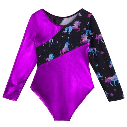 Kids Girls Round Necked Long Sleeved Gymnastics Ballet Dance Leotard Jumpsuit - Picture 19 of 55