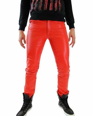 Leather Pants Men's Pant Real Men Biker Trousers Jeans Style Motorcycle Red 38