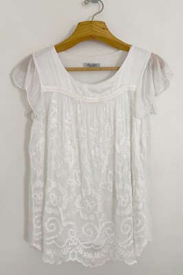 ELENA BALDI Silk Top Blouse S White Embroidered Short Sleeve Cottage Coquette