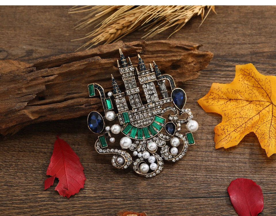Broche broche colgante palacio castillo azul vintage para mujer cristal estrás regalos Foto 3 de 4