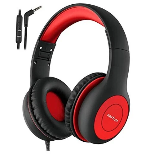 EarFun Kids Headphones Wired with Microphone, 85/94dB Volume Limit Black Red