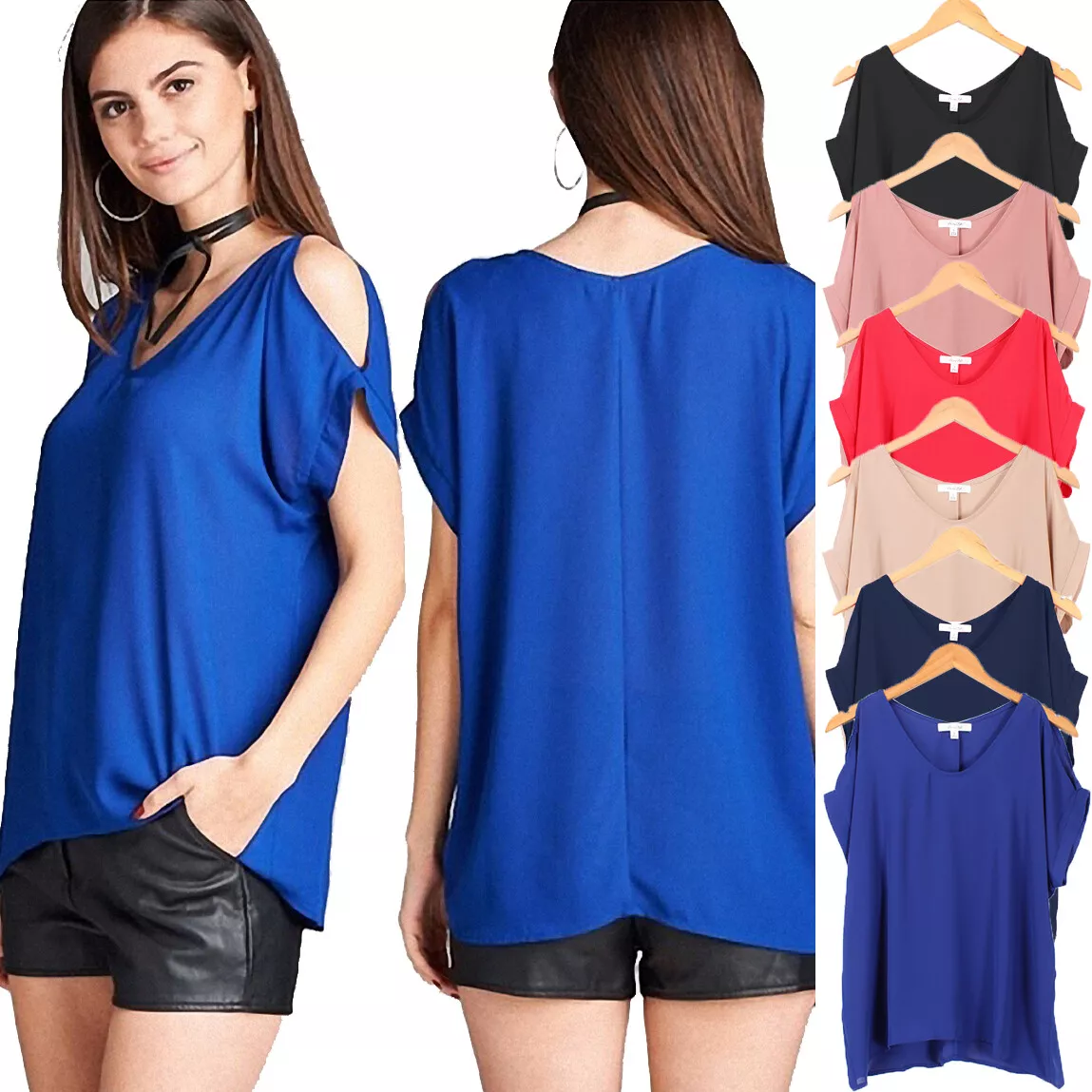 Cold shoulder chiffon tops hot sale