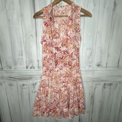POUPETTE ST BARTH CLARA PINK FLORAL TASSEL EYELET  RUFFLE TIERED MINI DRESS M