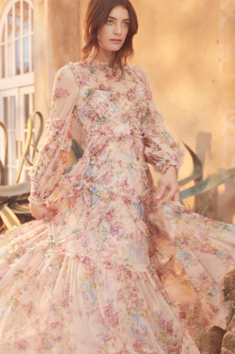 み*さ様 テコンドー レース ピンク Needle & Thread Floral Diamond Ruffle Tulle Gown Maxi Topaz