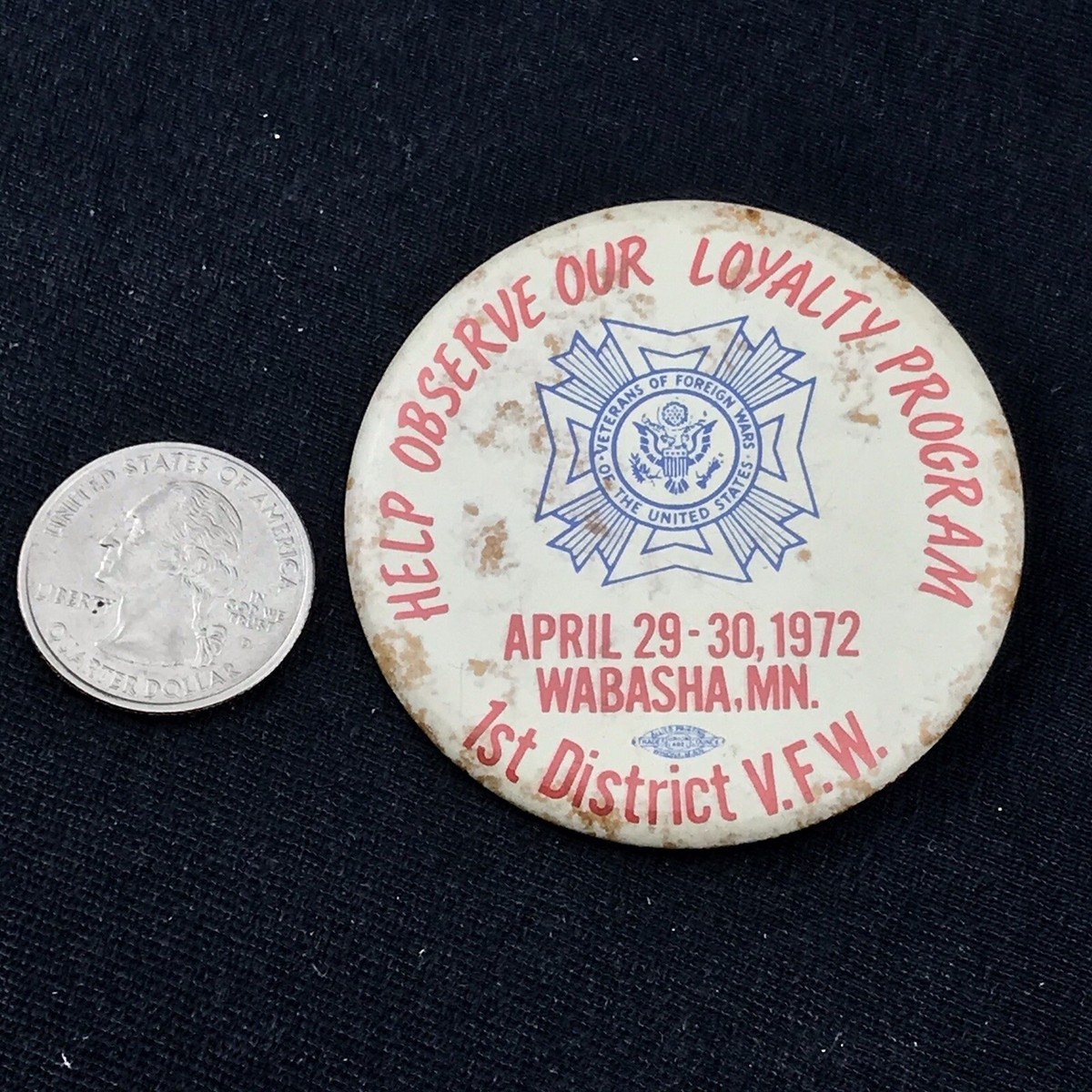 VFW 1st District 1972 Wabasha Minnesota Vintage Pin Button Pinback