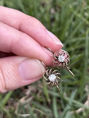 Antique Victorian Edwardian 10k Gold Natural Diamond Flower Earrings